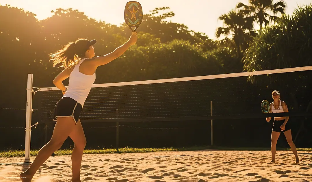 Partida de beach tennis na areia ao entardecer