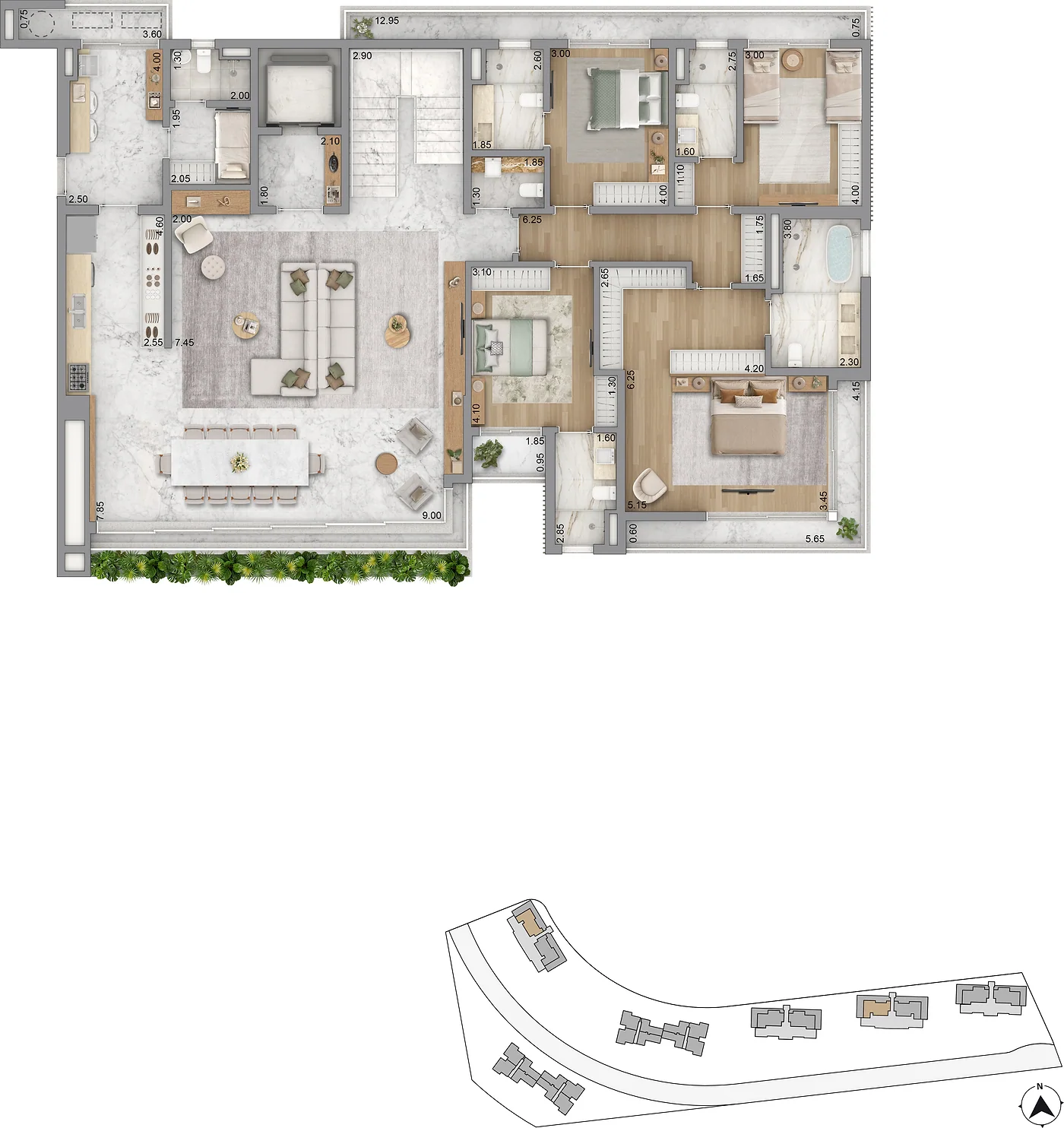 Planta Taormina e Positano — Duplex · piso inferior, 281 m²