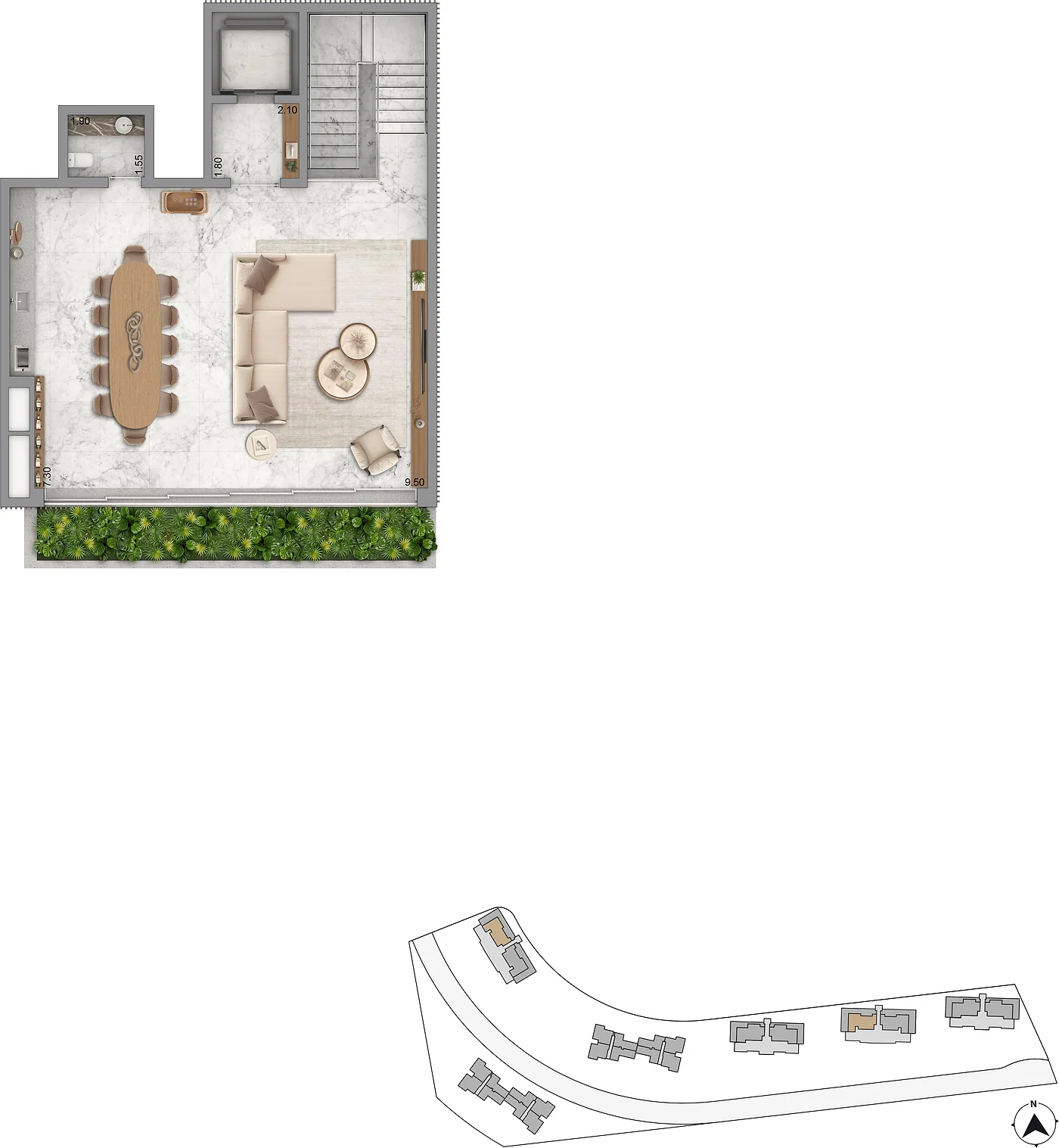 Planta Taormina e Positano — Duplex · piso superior, 281 m²