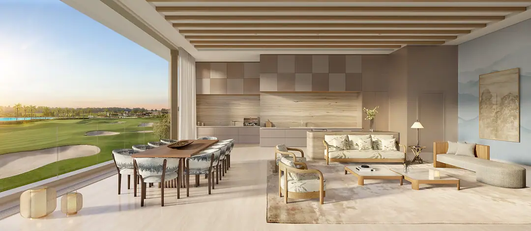 Living do apartamento de 170 m² com vista para o golfe